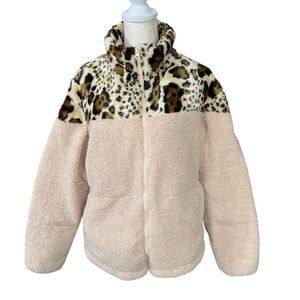 Orolay Leopard Beige Sherpa Teddy Jacket Goose Down Leopard Print Size Medium